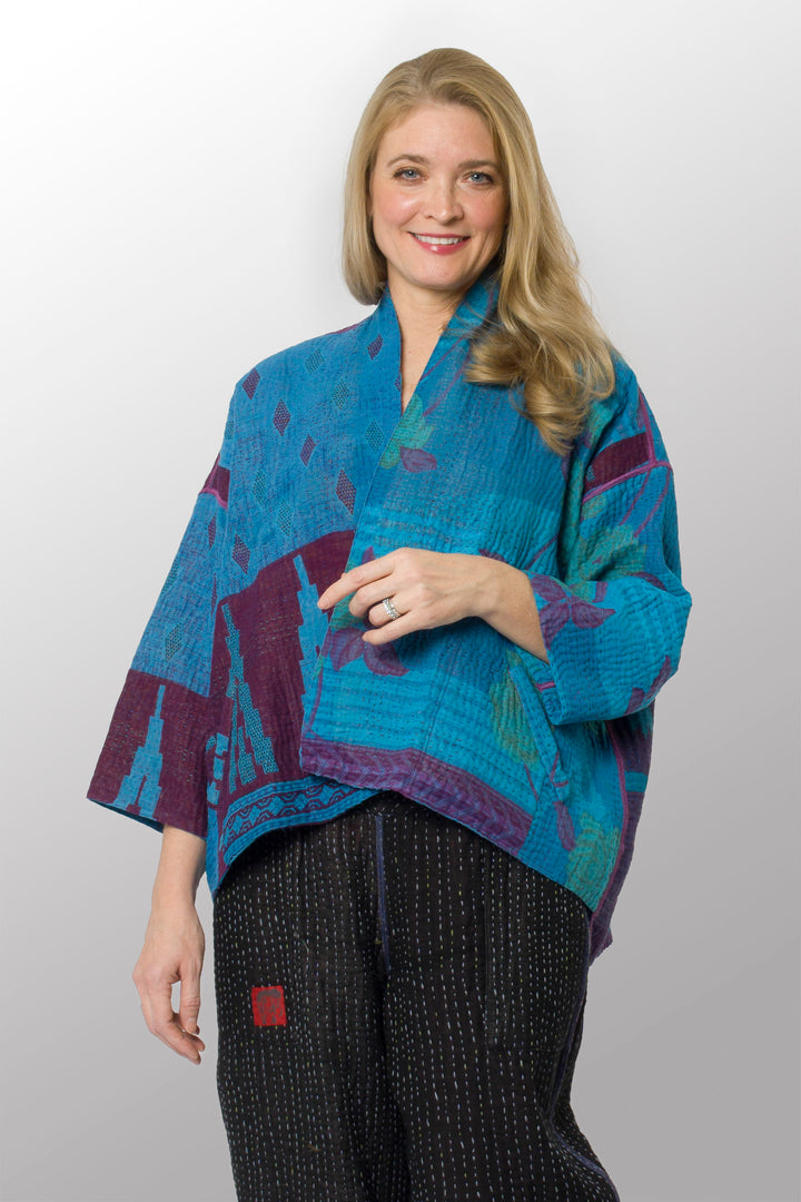 COTTON OVERDYE KANTHA MINI KIMONO JKT - ov4055-cblu002a -