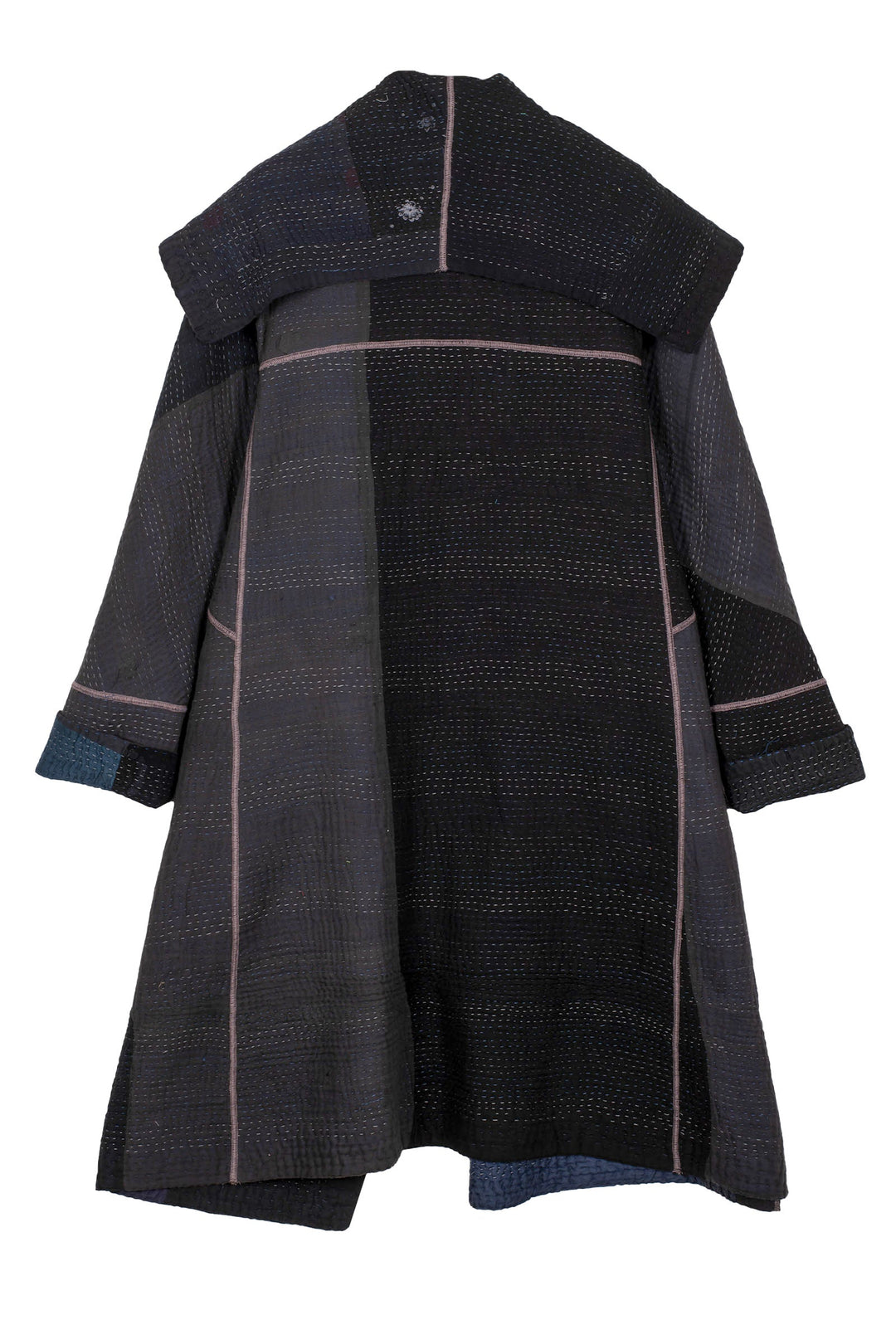 COTTON SILK SW PATCH KANTHA A-LINE COAT - ws4309-blk -