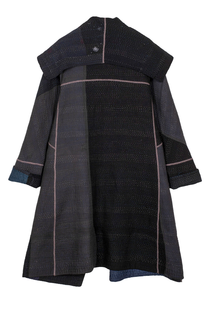COTTON SILK SW PATCH KANTHA A-LINE COAT - ws4309-blk -