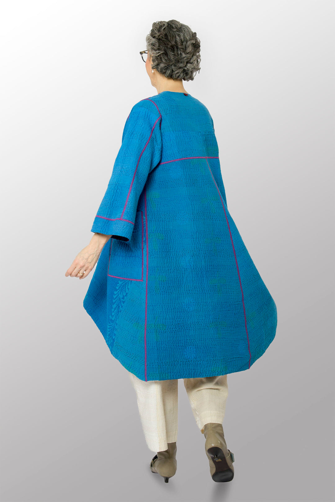 COTTON OVERDYE KANTHA WRAP FLARE COAT - ov4330-cblu003a -