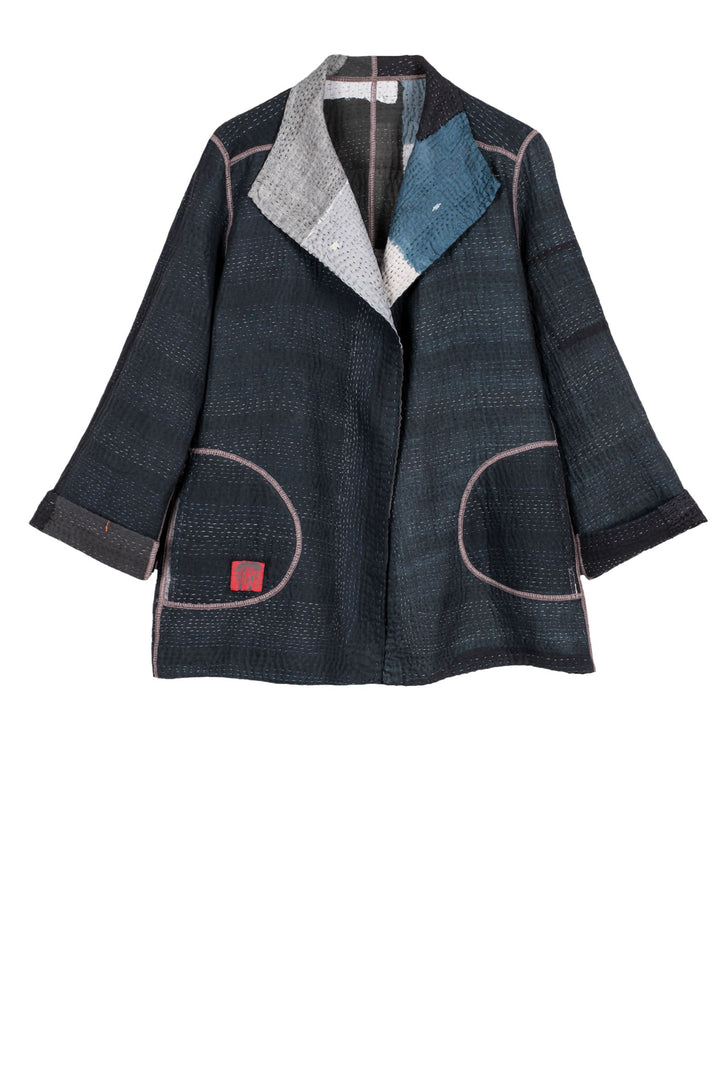 TWO TONE PATCH KANTHA SHORT JACKET - tn4007-blk -