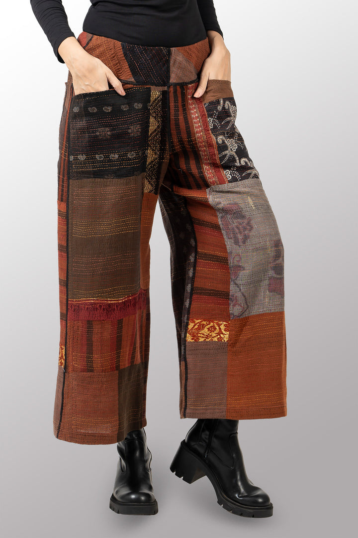 BROCADE PATCHED KANTHA MID RISE WIDE LEG PANTS - bp2665-brn -