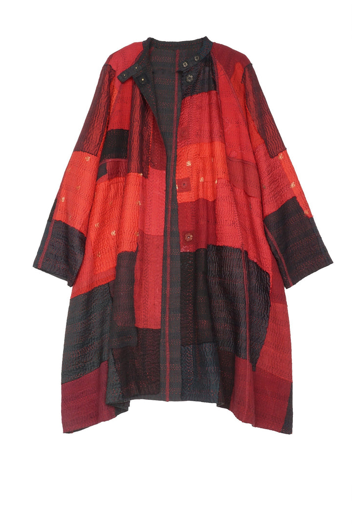 TWO TONE PATCH KANTHA BAND COLLAR DUSTER - tn4327-red -