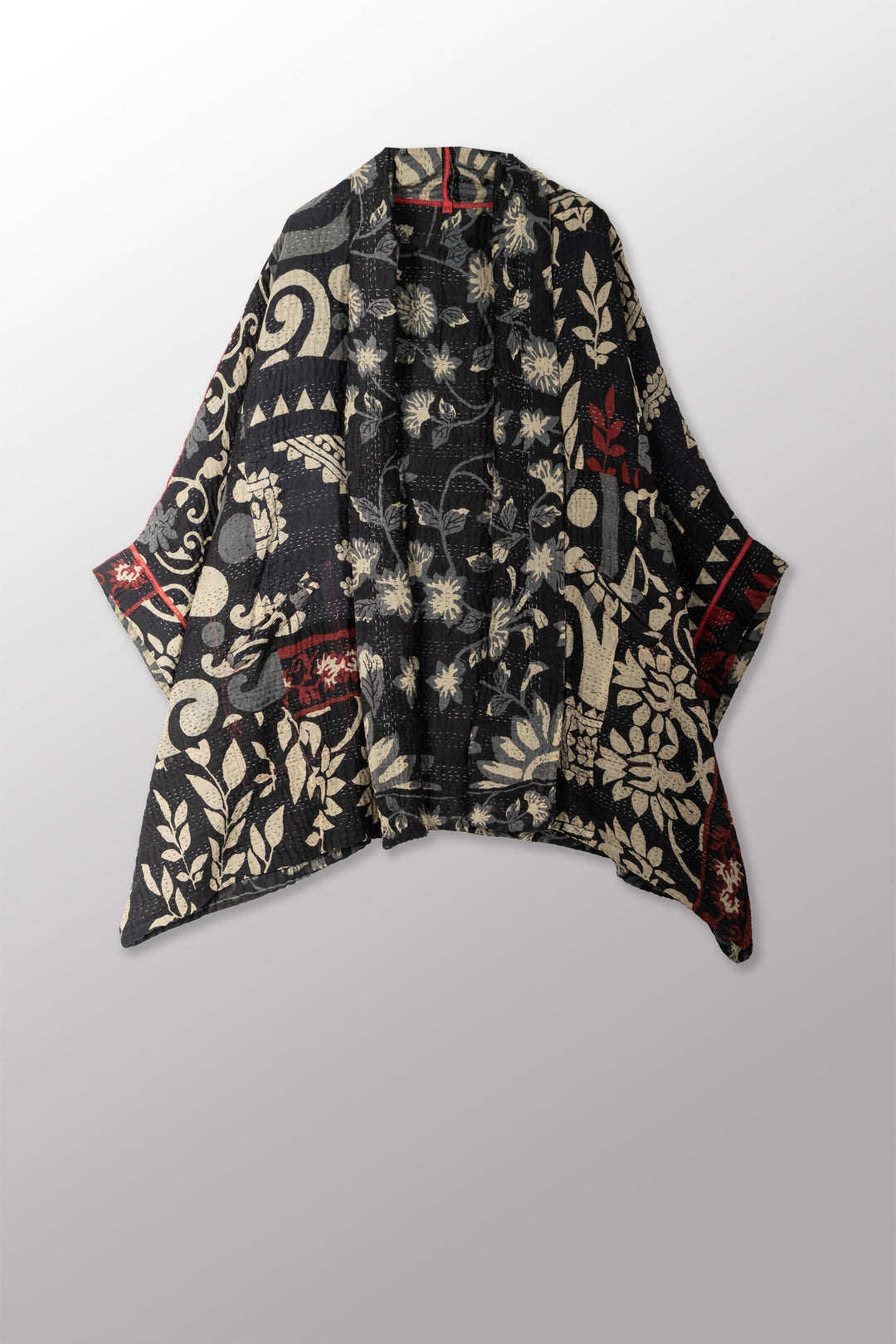 BLACK AND WHITE PRINT PATCH KANTHA DOUBLE COLLAR PONCHO - pn4323-red -