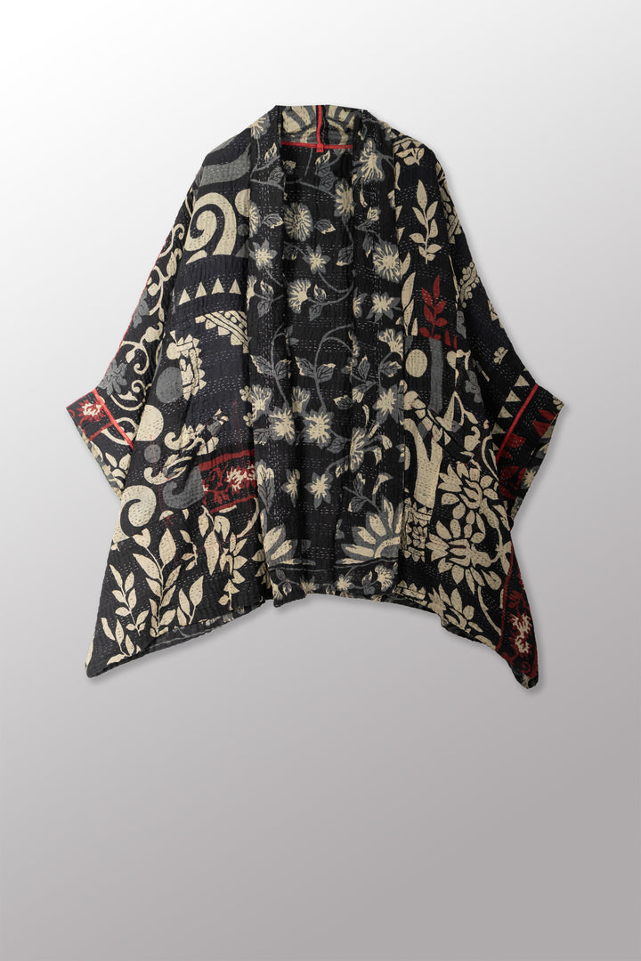 BLACK AND WHITE PRINT PATCH KANTHA DOUBLE COLLAR PONCHO - pn4323-red -