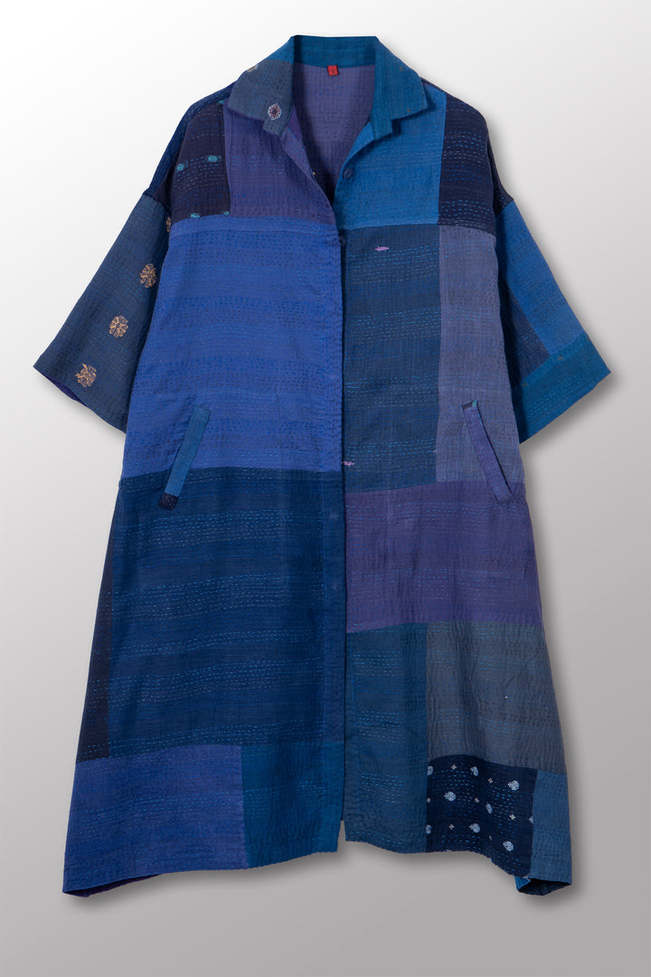 BROCADE PATCHED KANTHA 3/4 SLV. SHIRT DRESS - bp2459-blu -