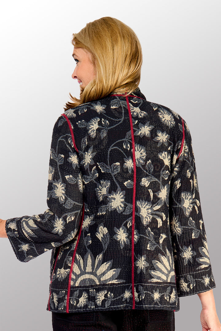 BLACK AND WHITE PRINT PATCH KANTHA SHORT JACKET - pn4007-blk -