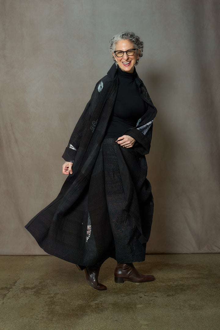 CIRCLE SHIBORI TIE DYE WOVEN PATCH KANTH OVERSIZED COAT - tc4326-blk -