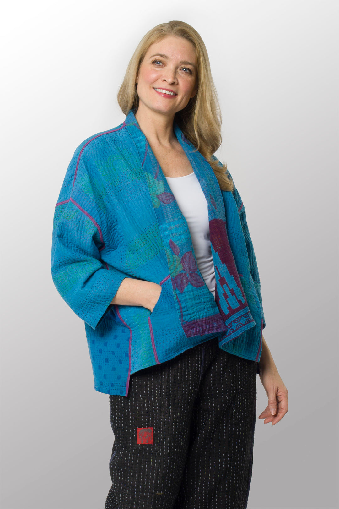 COTTON OVERDYE KANTHA MINI KIMONO JKT - ov4055-cblu002a -