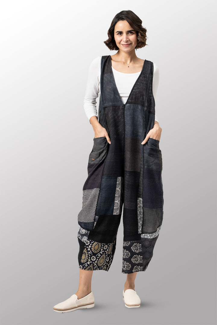 VINTAGE BOTTOM PRINT KANTHA V-NECK JUMPER - vb2622-blk -