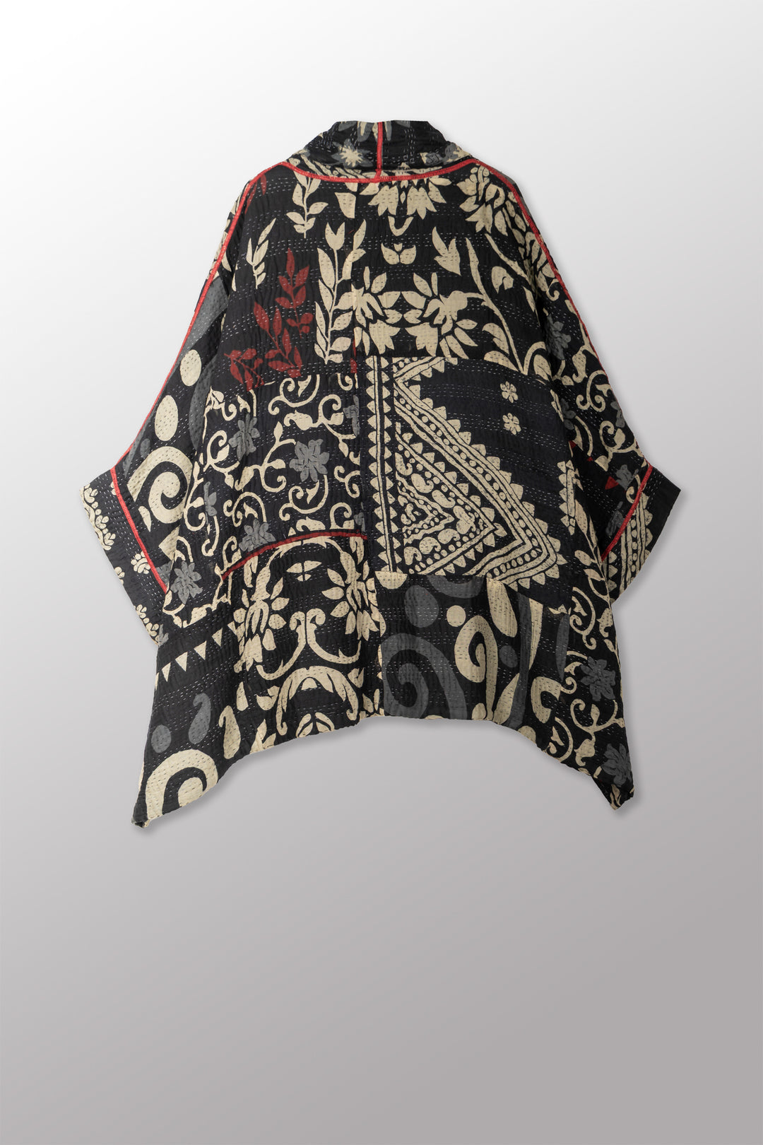 BLACK AND WHITE PRINT PATCH KANTHA DOUBLE COLLAR PONCHO - pn4323-red -
