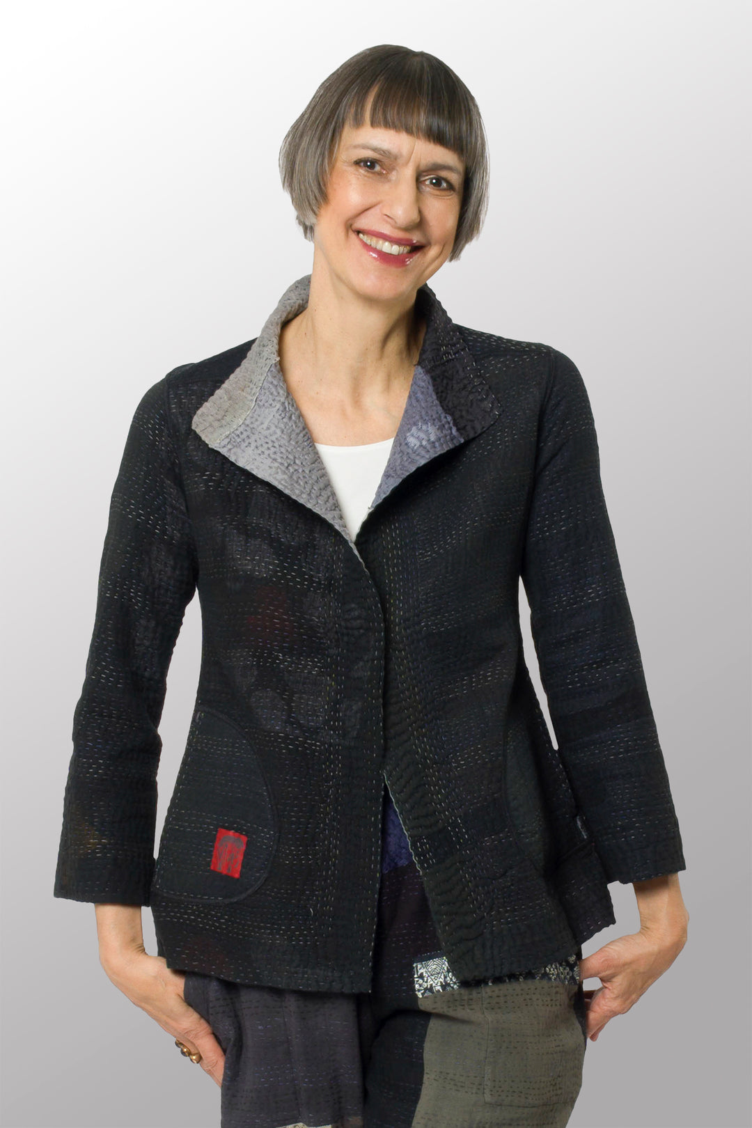TWO TONE PATCH KANTHA SHORT JACKET - tn4007-blk -