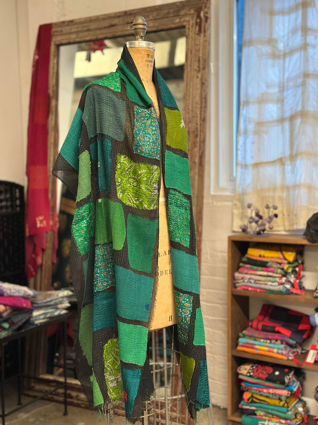 TONAL TILE PATCH KANTHA SCARF STANDARD - tt2801-ngy -