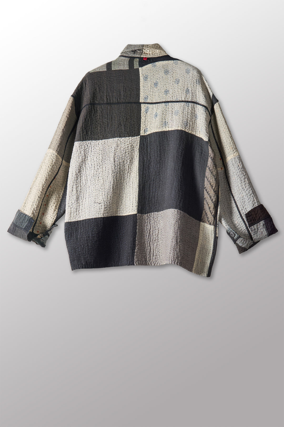 STRIPE AND CHECK COTTON SILK PATCH KANTHA WORKERS JACKET - ss4085-blk -