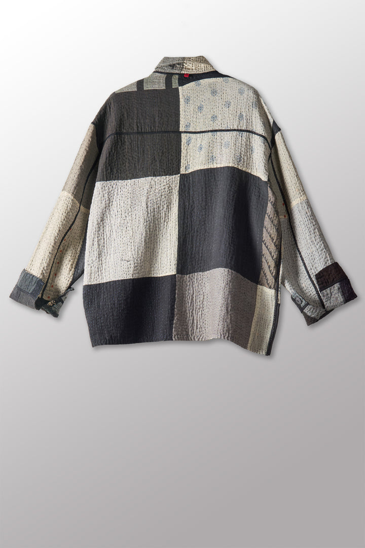 STRIPE AND CHECK COTTON SILK PATCH KANTHA WORKERS JACKET - ss4085-blk -