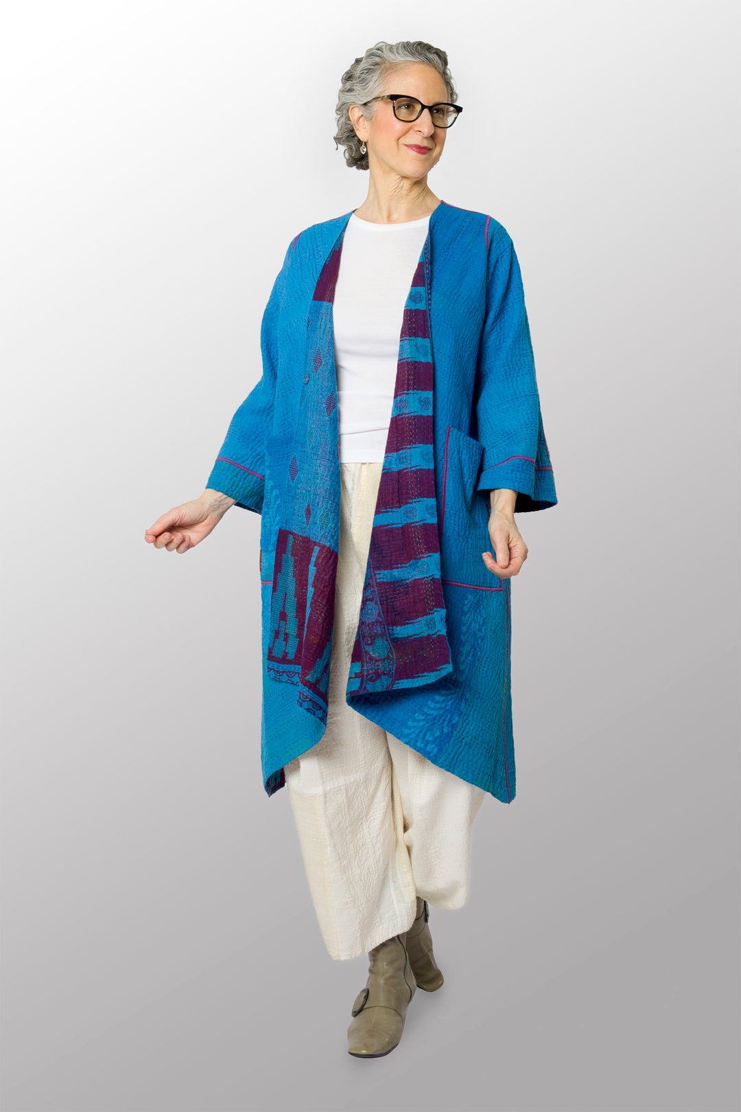 COTTON OVERDYE KANTHA WRAP FLARE COAT - ov4330-cblu003a -