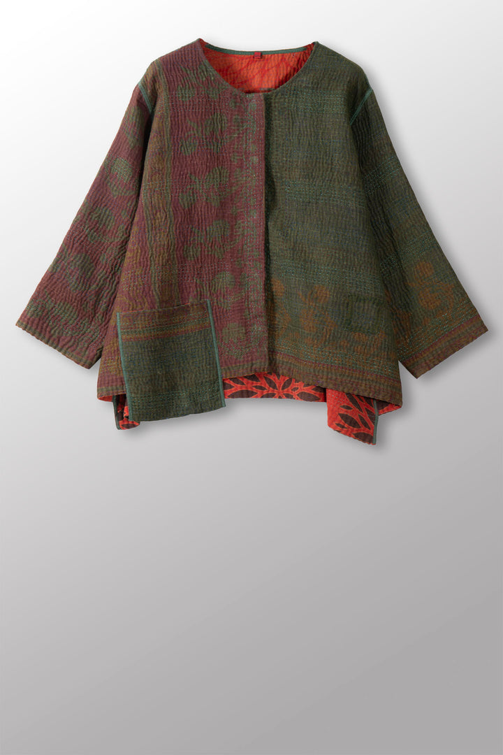 COTTON OVERDYE KANTHA A-LINE SHORT JACKET - ov4019-cgrn002a -