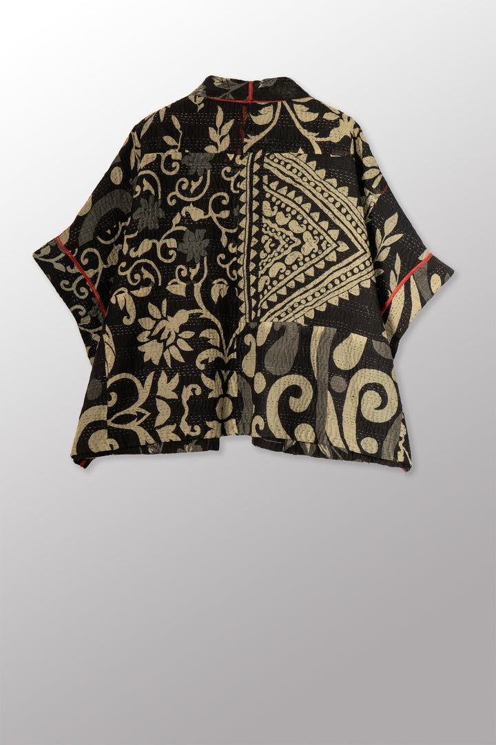 BLACK AND WHITE PRINT PATCH KANTHA MINI PONCHO - pn4060-red -