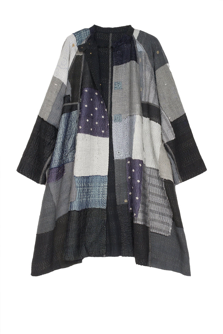 TWO TONE PATCH KANTHA BAND COLLAR DUSTER - tn4327-blk -