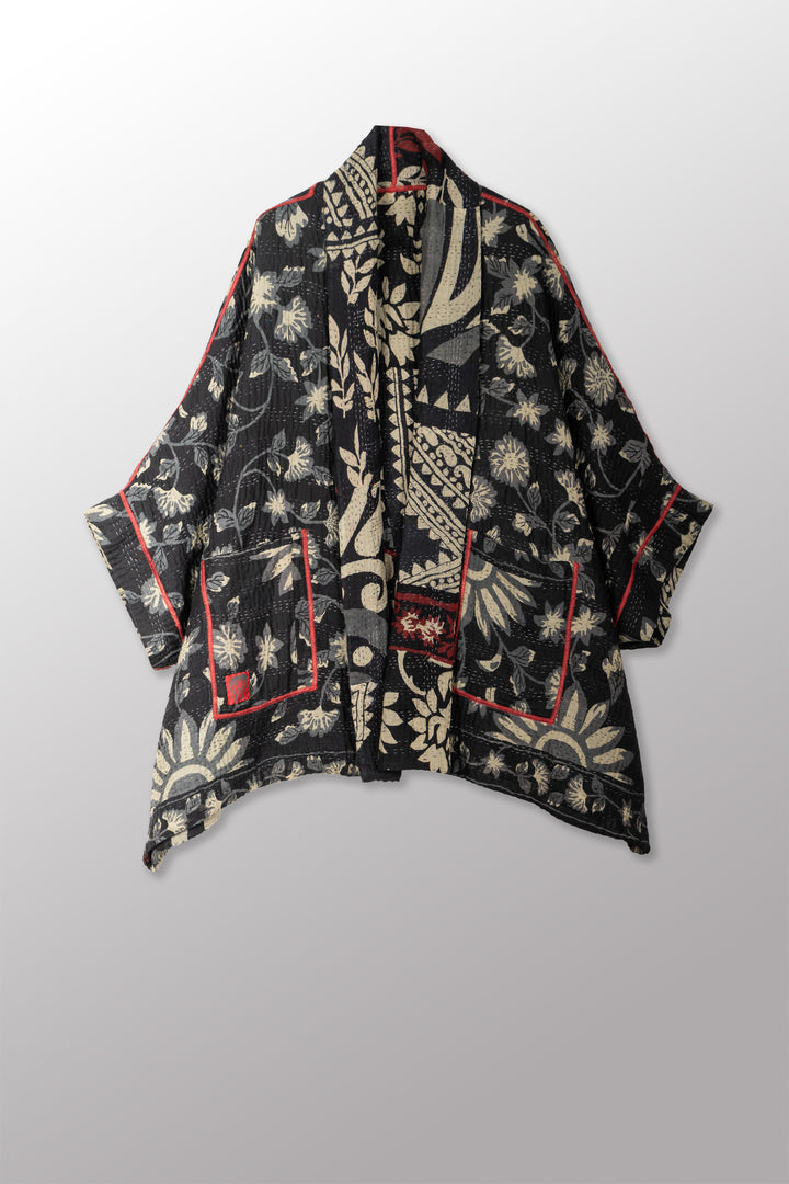 BLACK AND WHITE PRINT PATCH KANTHA DOUBLE COLLAR PONCHO - pn4323-red -