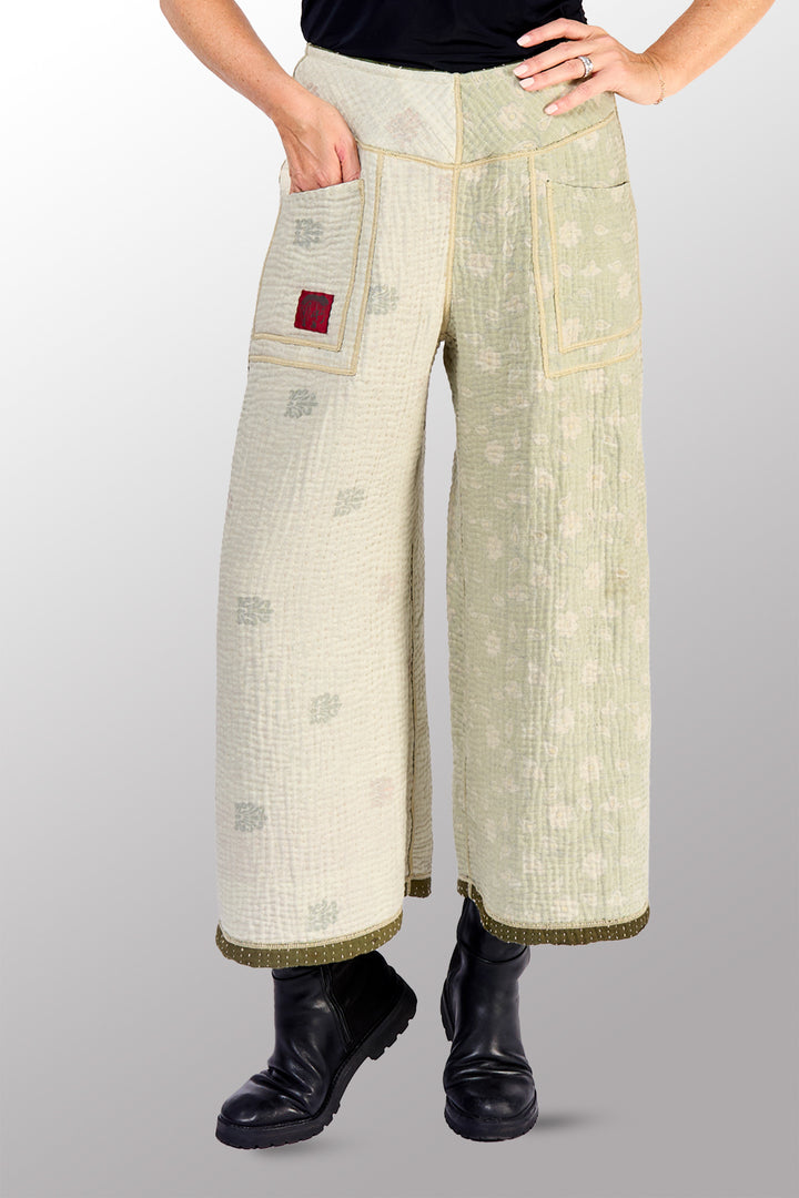 BBK SOLID KANTHA MID RISE WIDE LEG PANTS - bl-bbs6665-grn -