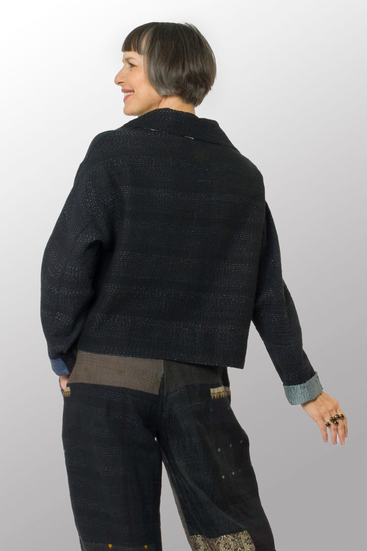 TWO TONE PATCH KANTHA LAPELED SHORT JKT - tn4081-blk -