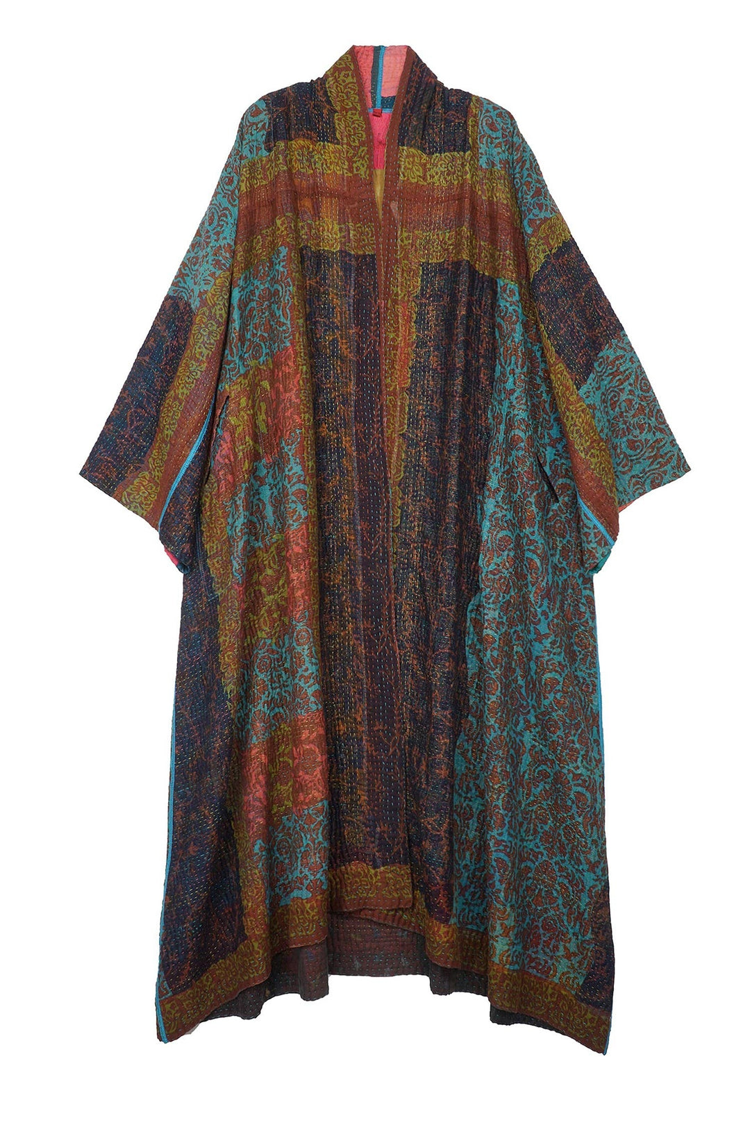 BAGH PRINT KANTHA KIMONO ROBE - bg4322-brn -