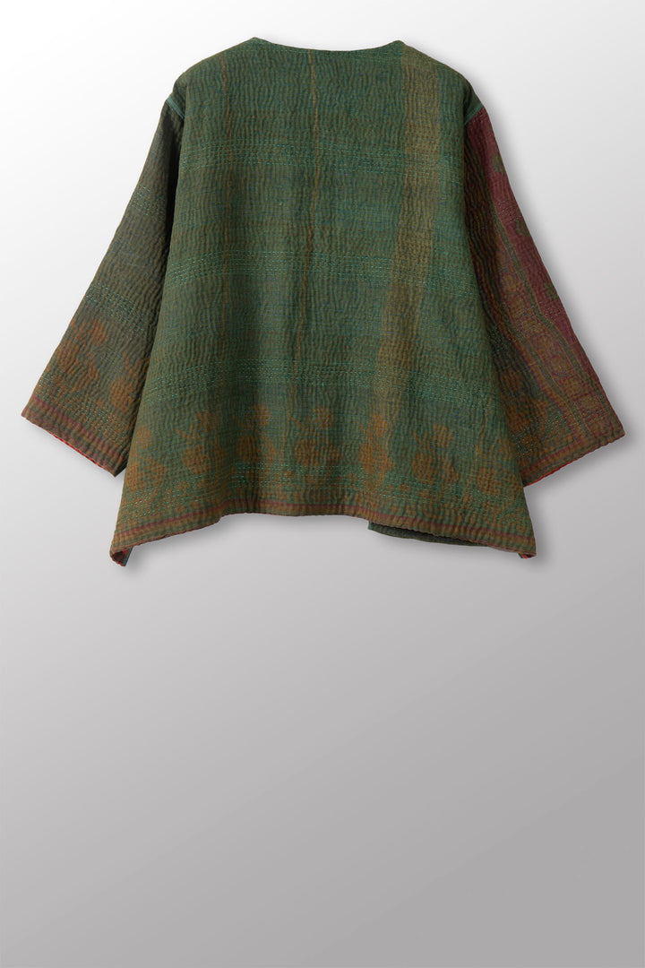 COTTON OVERDYE KANTHA A-LINE SHORT JACKET - ov4019-cgrn002a -