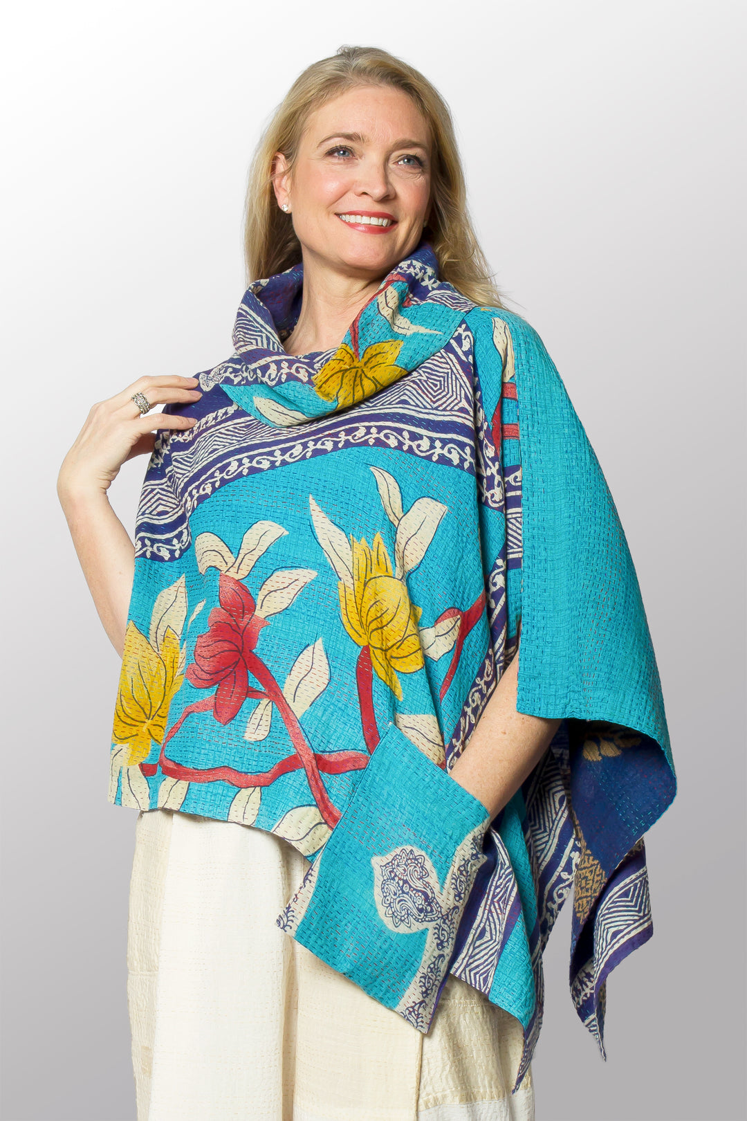 VINTAGE COTTON KANTHA COWL NECK LONG CAPE - cv2842-0001a -