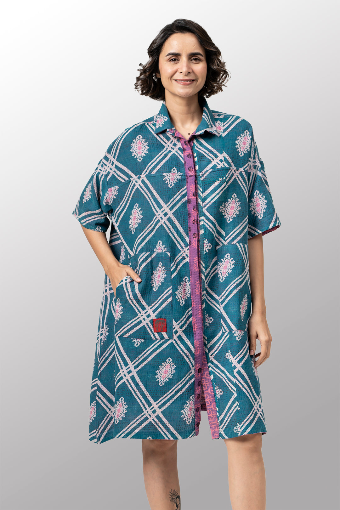 COTTON OVERDYE KANTHA HALF SLV. SHIRT DRESS - ov2429-cpik001a -