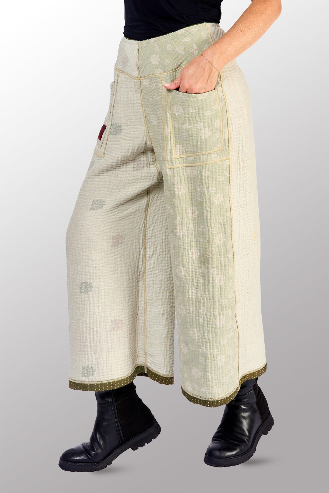 BBK SOLID KANTHA MID RISE WIDE LEG PANTS - bl-bbs6665-grn -