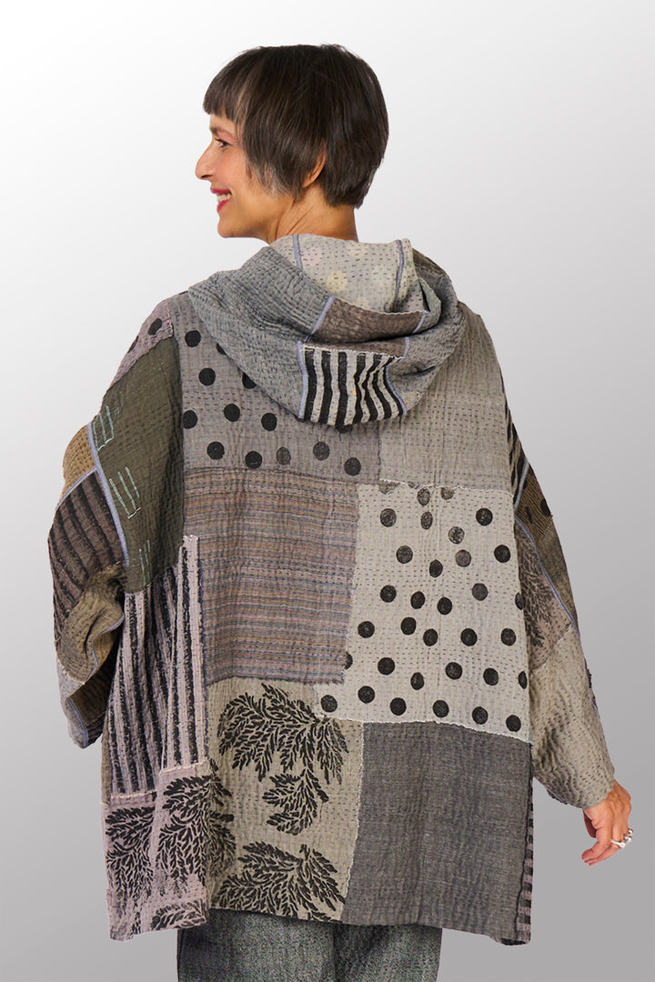 FRAYED PATCH KANTHA WITH STAMP HOODIE PONCHO - sp-fi4064-gry -