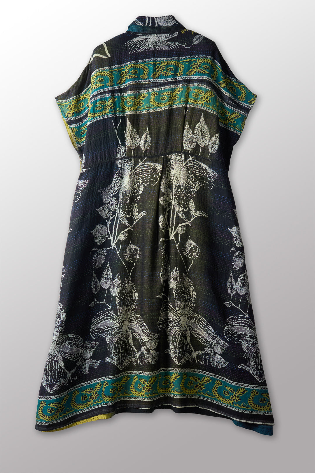 ORGANIC LEAVES KANTHA FRENCH SLEEVE SHIRT COLLAR DRESS - ol2458-blk -