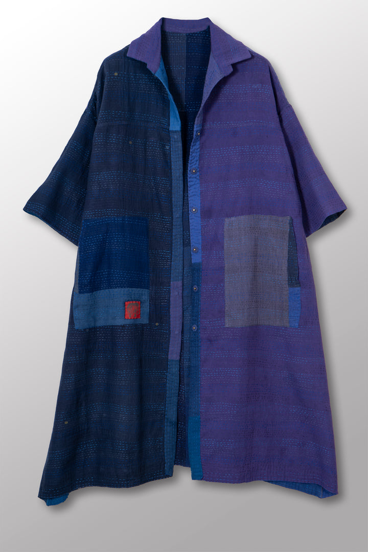 BROCADE PATCHED KANTHA 3/4 SLV. SHIRT DRESS - bp2459-blu -