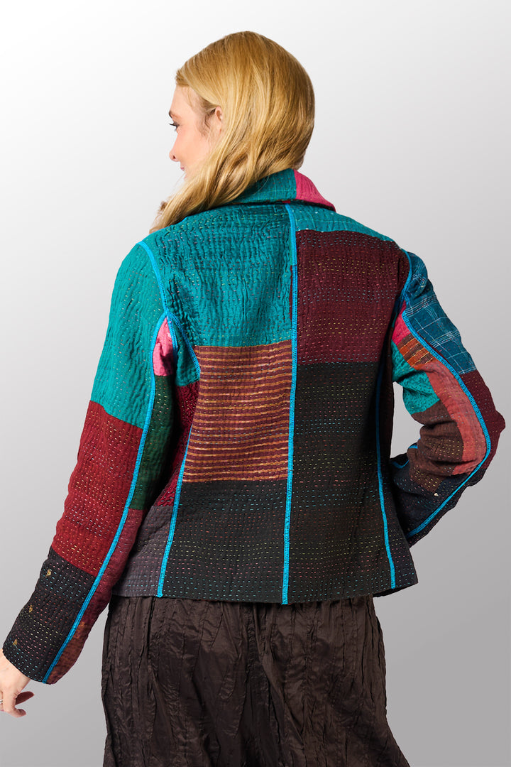 BAGH PRINT KANTHA CROPPED BASIC JACKET - bg4096-brn -