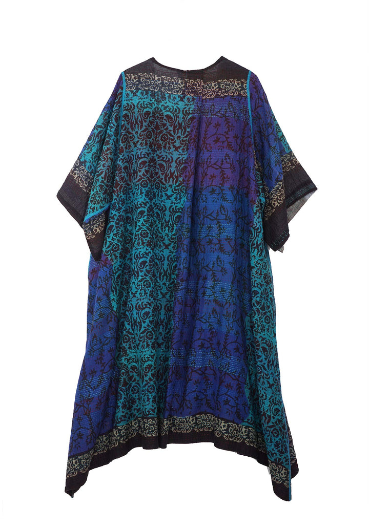 BAGH PRINT KANTHA V-NECK DRESS - bg2418-blu -