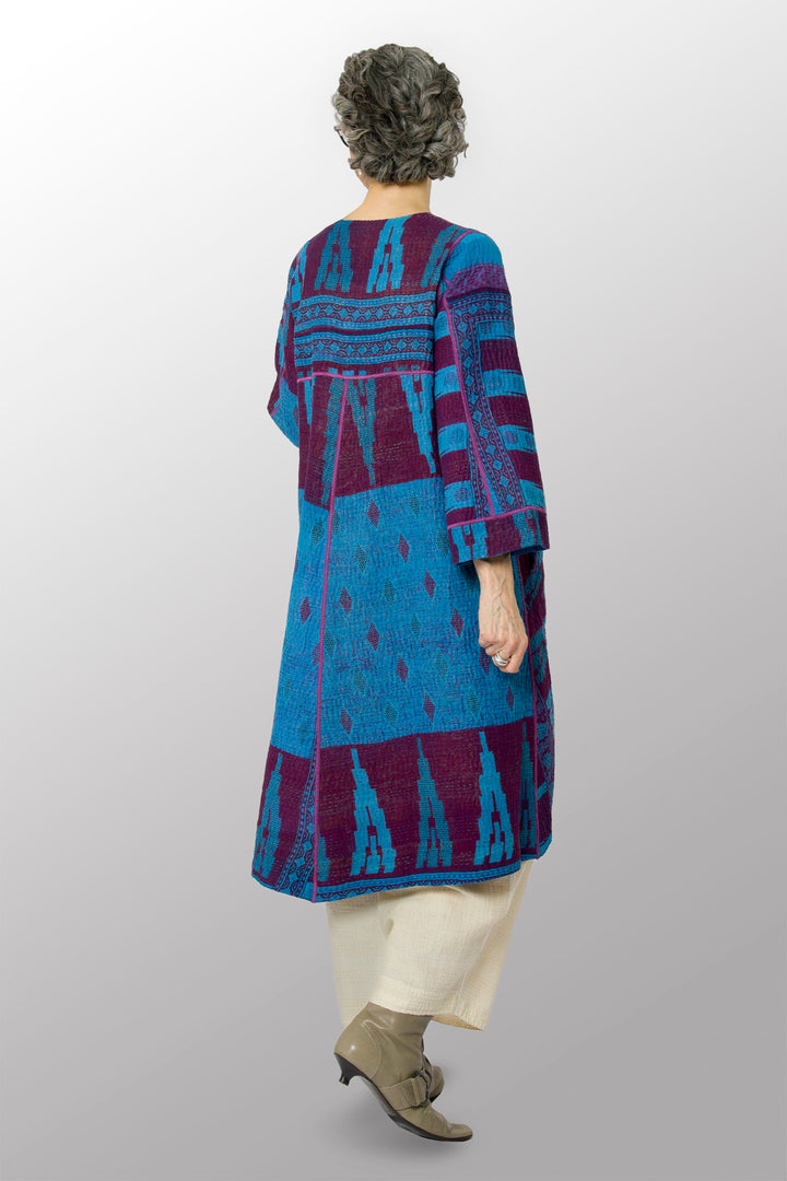 COTTON OVERDYE KANTHA WRAP FLARE COAT - ov4330-cblu003a -