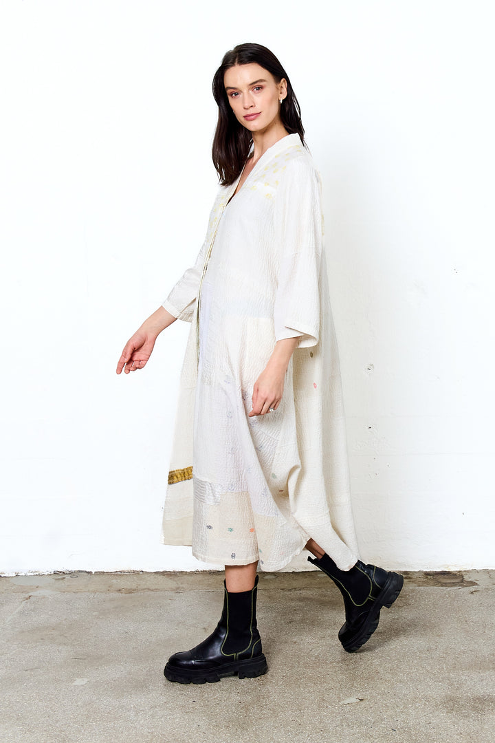 FRAYED PATCH KANTHA V-NECK FLARE SLEEVE DRESS - fi2445-ivy -