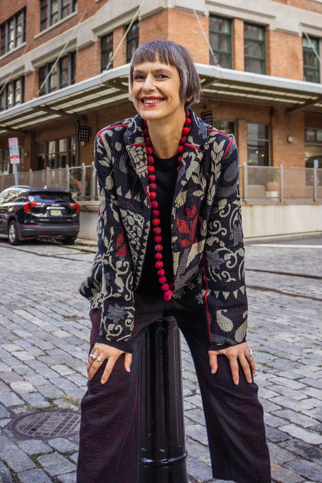 BLACK AND WHITE PRINT PATCH KANTHA BASIC JACKET - pn4052-blk -