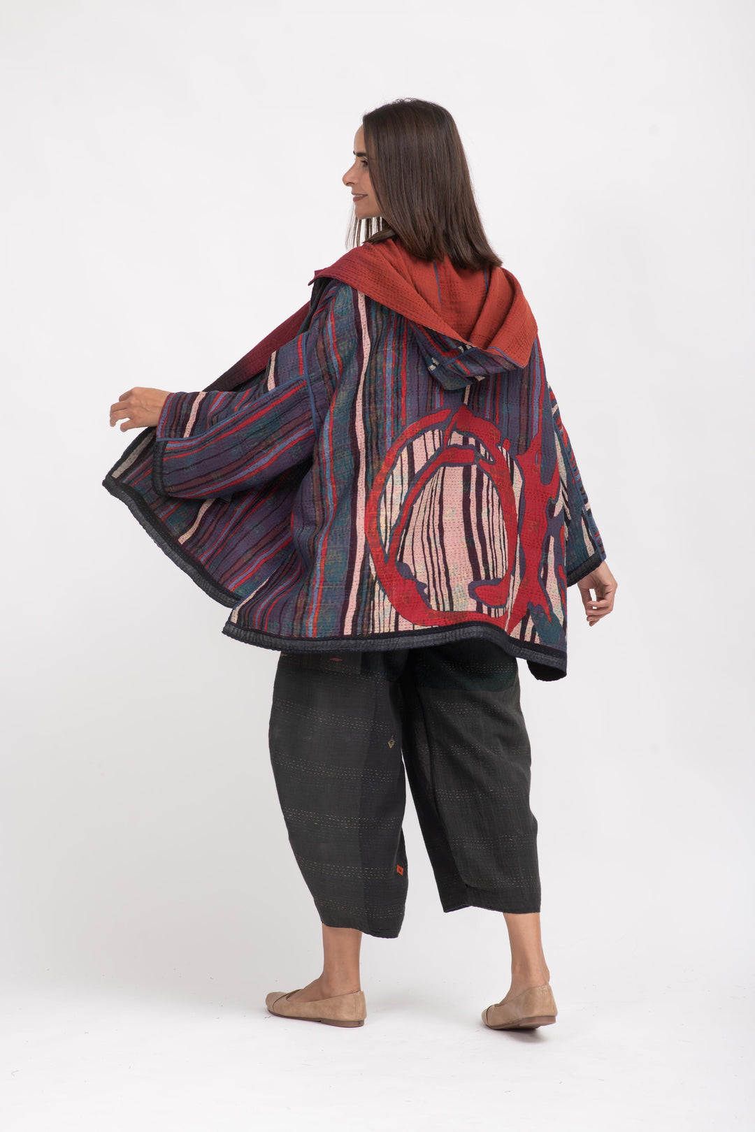 STRIPE AND BENDS KANTHA HOODIE PONCHO - sb4064-red -