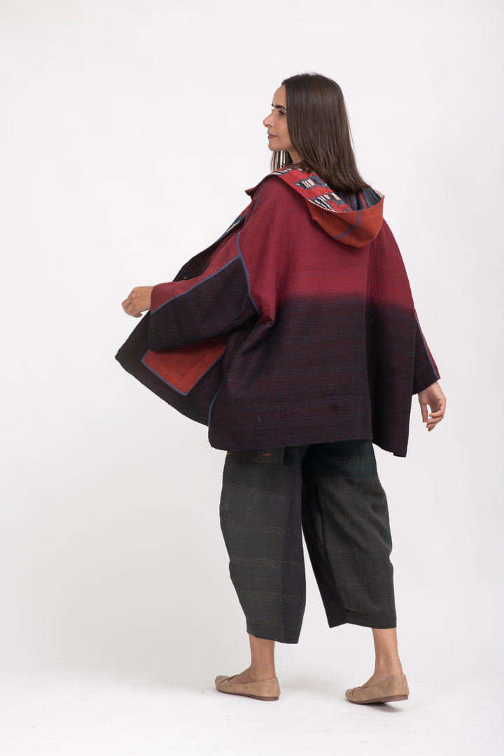 STRIPE AND BENDS KANTHA HOODIE PONCHO - sb4064-red -