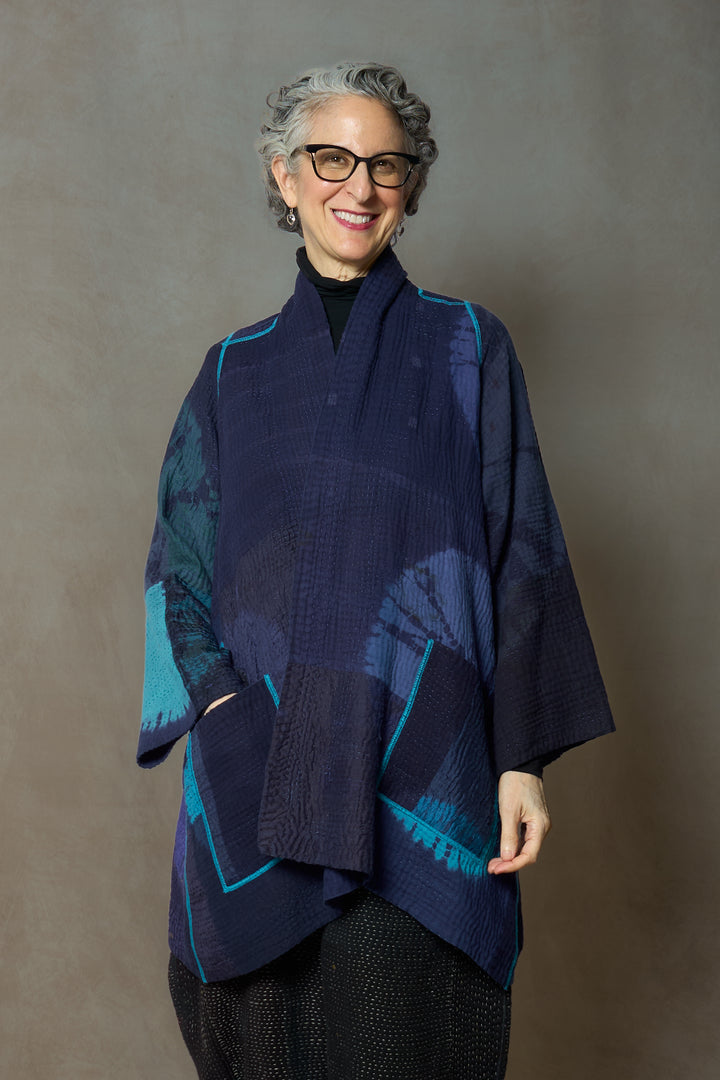 CIRCLE SHIBORI TIE DYE WOVEN PATCH KANTH A-LINE JACKET - tc4003-blu -