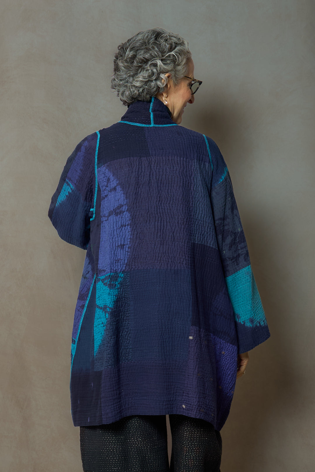 CIRCLE SHIBORI TIE DYE WOVEN PATCH KANTH A-LINE JACKET - tc4003-blu -