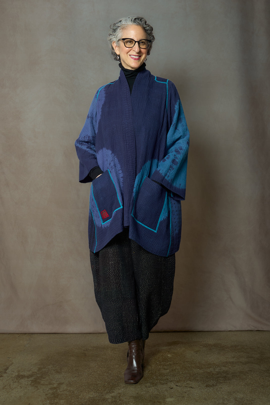 CIRCLE SHIBORI TIE DYE WOVEN PATCH KANTH A-LINE JACKET - tc4003-blu -