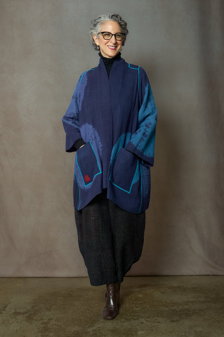 CIRCLE SHIBORI TIE DYE WOVEN PATCH KANTH A-LINE JACKET - tc4003-blu -