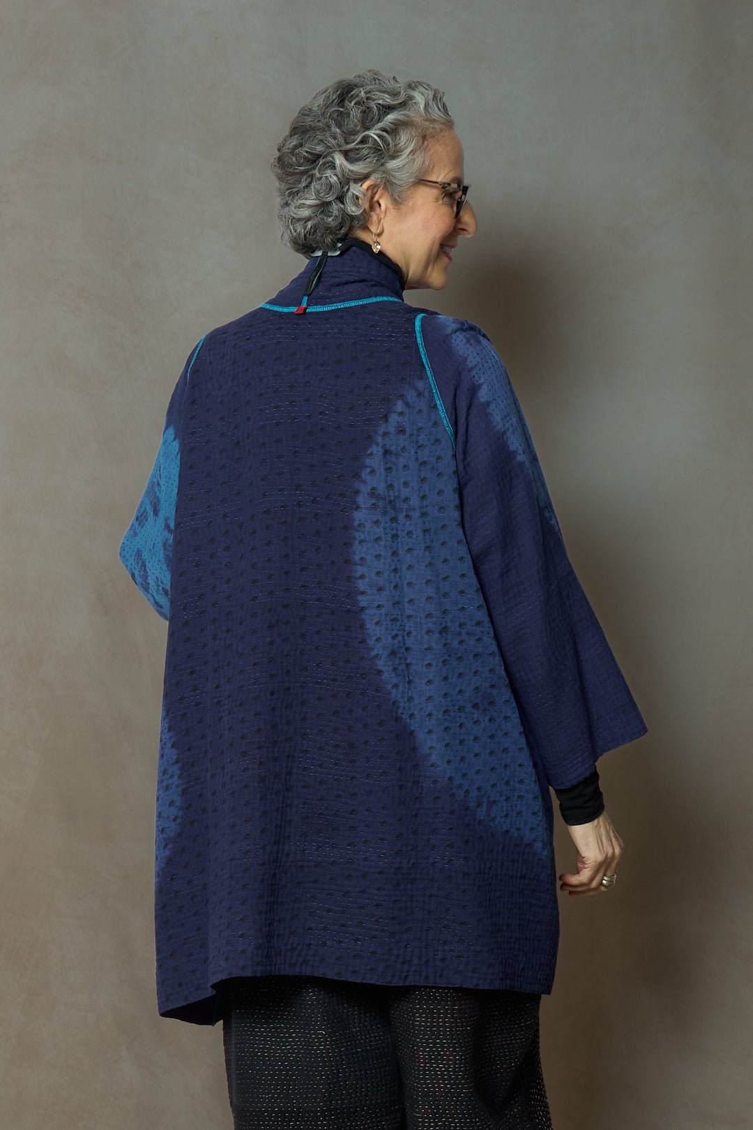 CIRCLE SHIBORI TIE DYE WOVEN PATCH KANTH A-LINE JACKET - tc4003-blu -