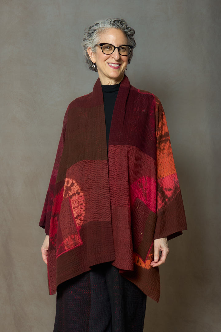 CIRCLE SHIBORI TIE DYE WOVEN PATCH KANTH A-LINE JACKET - tc4003-red -