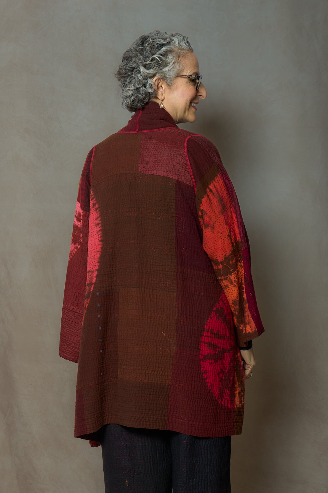 CIRCLE SHIBORI TIE DYE WOVEN PATCH KANTH A-LINE JACKET - tc4003-red -