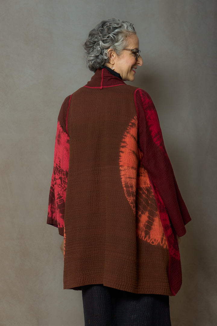 CIRCLE SHIBORI TIE DYE WOVEN PATCH KANTH A-LINE JACKET - tc4003-red -