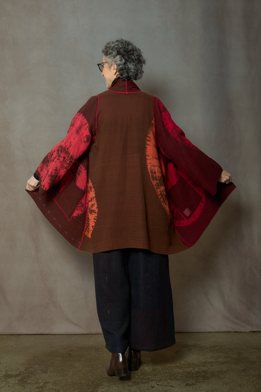 CIRCLE SHIBORI TIE DYE WOVEN PATCH KANTH A-LINE JACKET - tc4003-red -